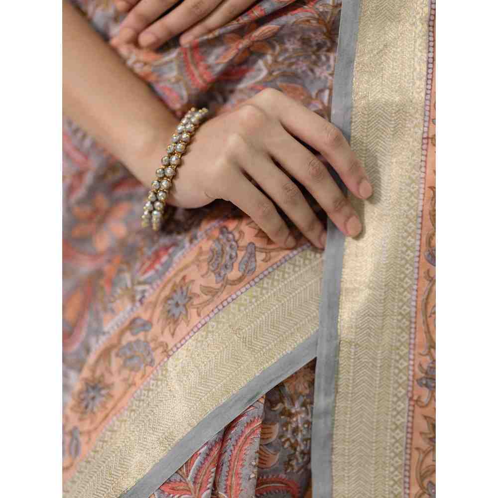 Old Marigold Gulaab Chanderi Silk Saree with Unstitched Blouse