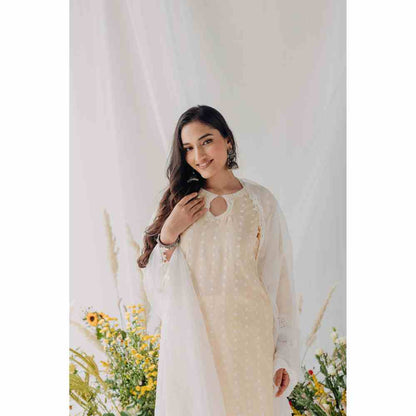 Old Marigold Maria Beige Mulmul Kurta with Dupatta (Set of 3)