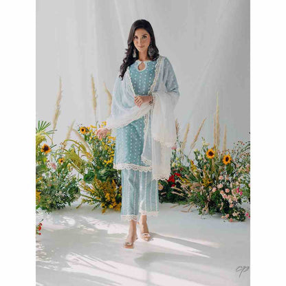 Old Marigold Seher Blue Mulmul Kurta with Dupatta (Set of 3)