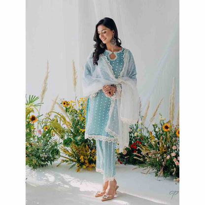 Old Marigold Seher Blue Mulmul Kurta with Dupatta (Set of 3)