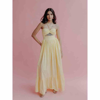 Old Marigold Penelope Lime Yellow Halter Maxi Dress