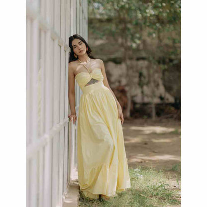 Old Marigold Penelope Lime Yellow Halter Maxi Dress