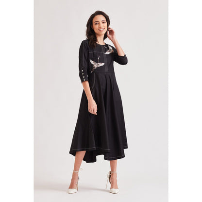 Our Love Wings Black Dress With 3D Embroidered Bird