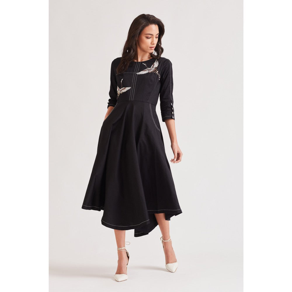 Our Love Wings Black Dress With 3D Embroidered Bird