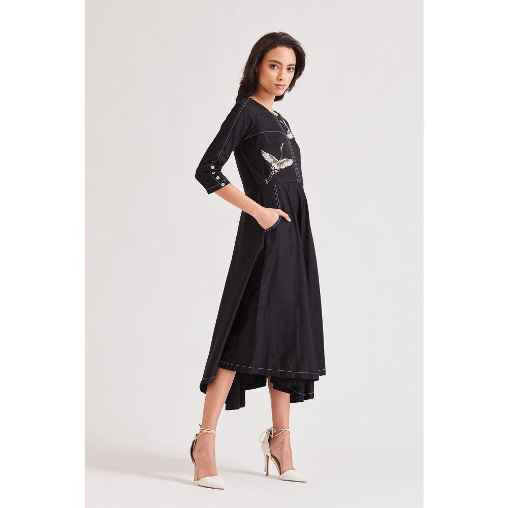 Our Love Wings Black Dress With 3D Embroidered Bird