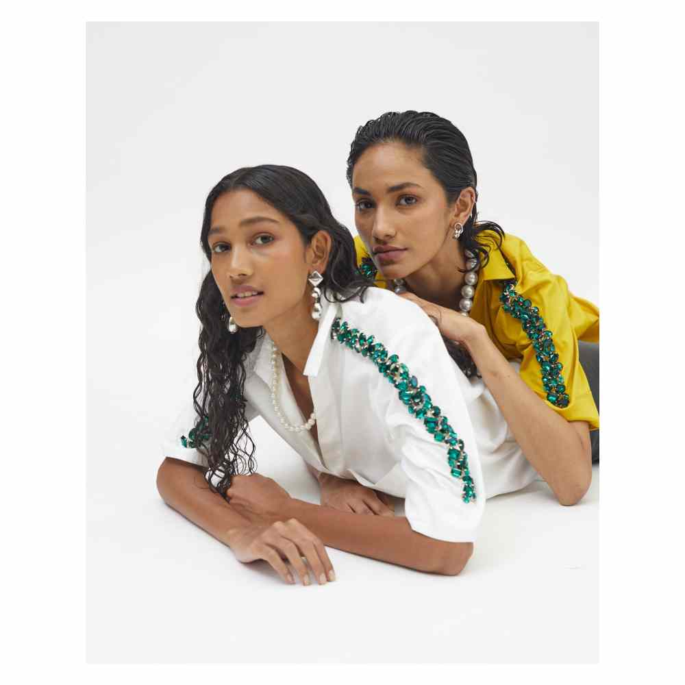 Pallavi Swadi Canary Yellow Emerald Swarovski Ribbon Shirt
