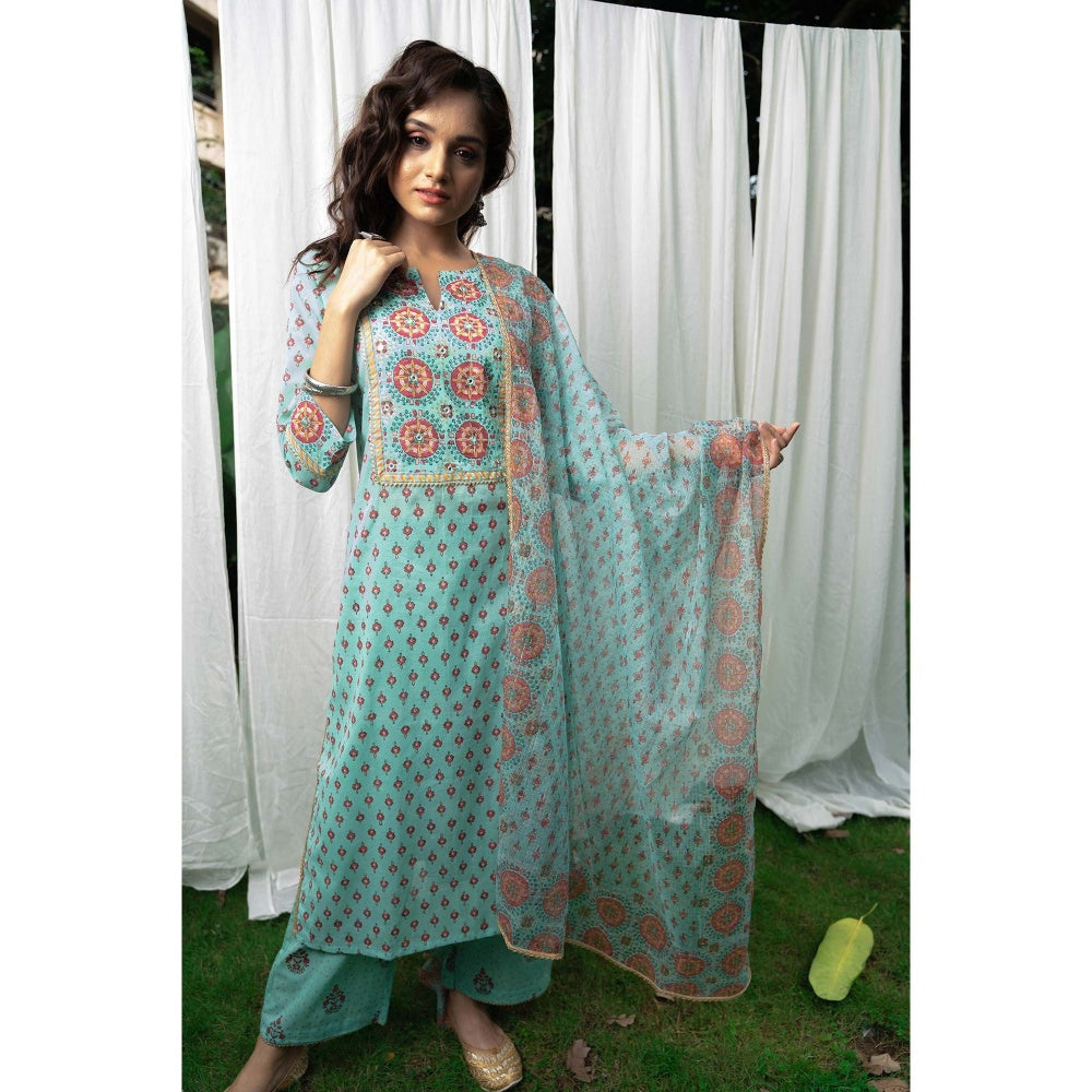 PANTS AND PAJAMAS Aqua Block Printed Kota Dupatta