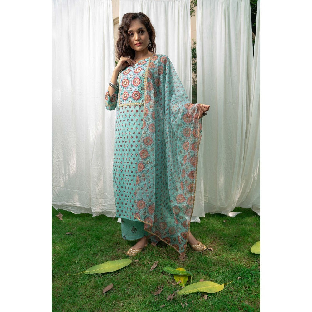 PANTS AND PAJAMAS Aqua Block Printed Kota Dupatta