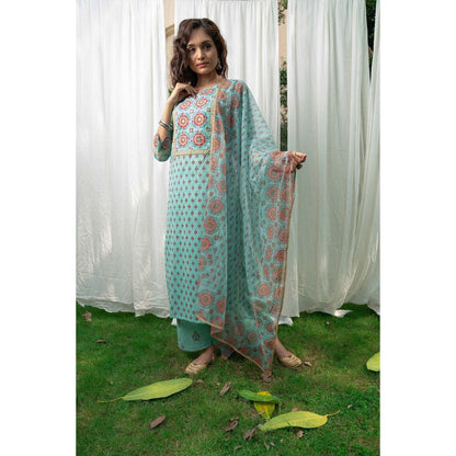 PANTS AND PAJAMAS Aqua Block Printed Kota Dupatta