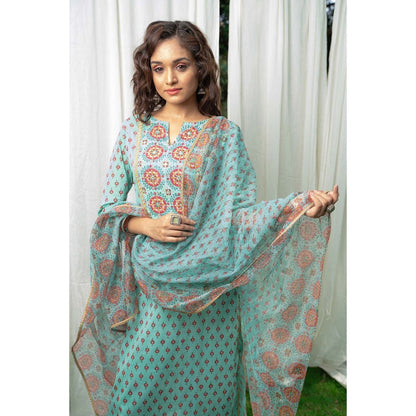 PANTS AND PAJAMAS Aqua Block Printed Kota Dupatta
