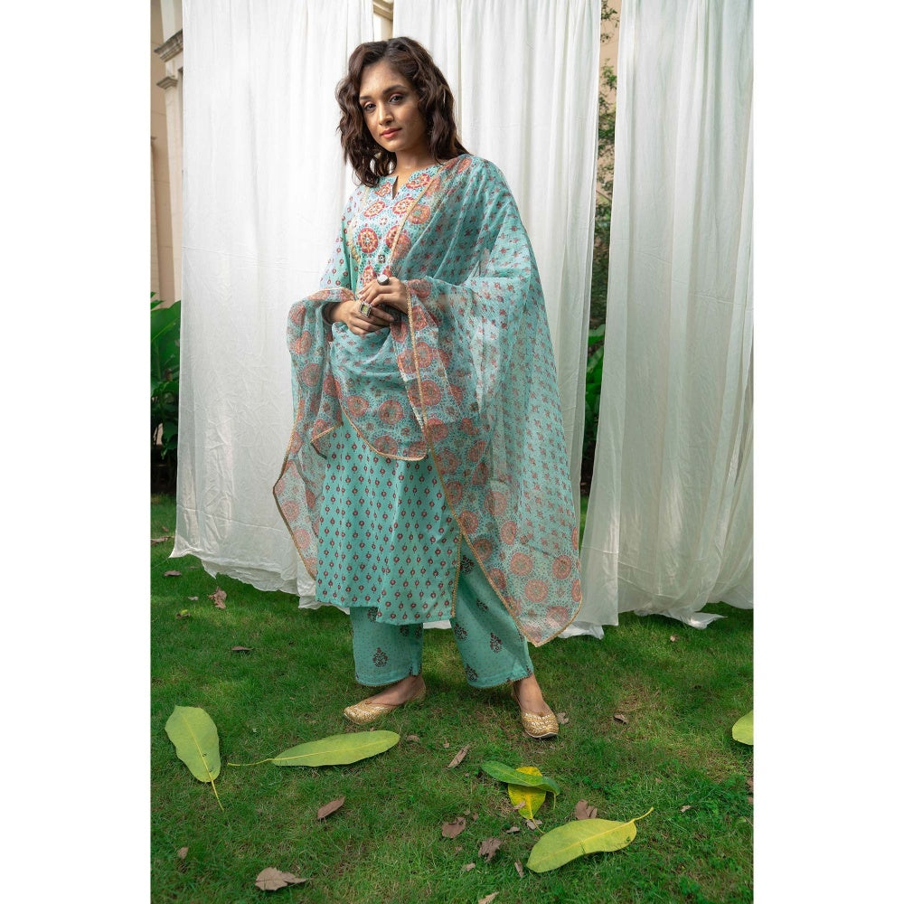 PANTS AND PAJAMAS Aqua Block Printed Kota Dupatta