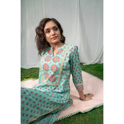 PANTS AND PAJAMAS Aqua Block Printed Kota Dupatta