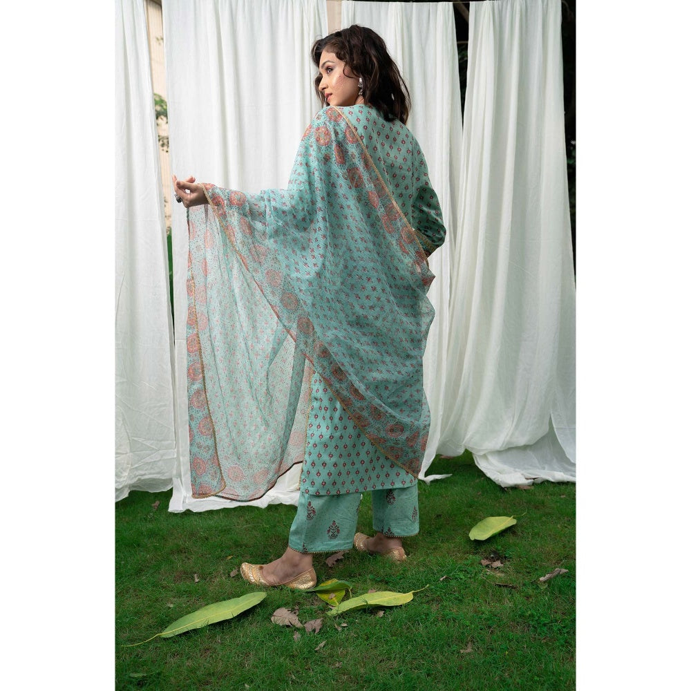 PANTS AND PAJAMAS Aqua Block Printed Kota Dupatta