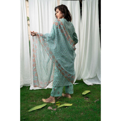 PANTS AND PAJAMAS Aqua Block Printed Kota Dupatta
