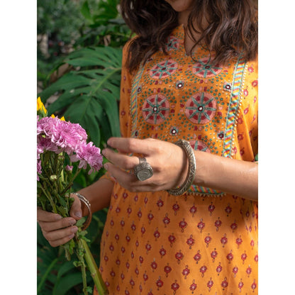PANTS AND PAJAMAS Mustard Block Printed Kota Dupatta