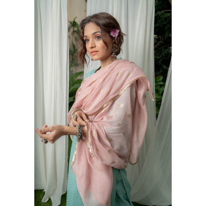 PANTS AND PAJAMAS Rose Pink Foil Printed Chanderi Dupatta