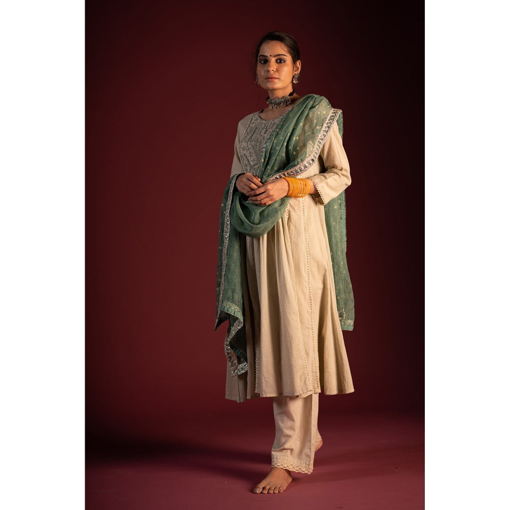 PANTS AND PAJAMAS Sage Green Prithvi Foil Print Dupatta
