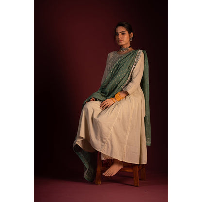 PANTS AND PAJAMAS Sage Green Prithvi Foil Print Dupatta