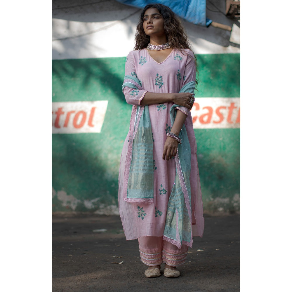 PANTS AND PAJAMAS Aqua Gerbera Sequin Dupatta