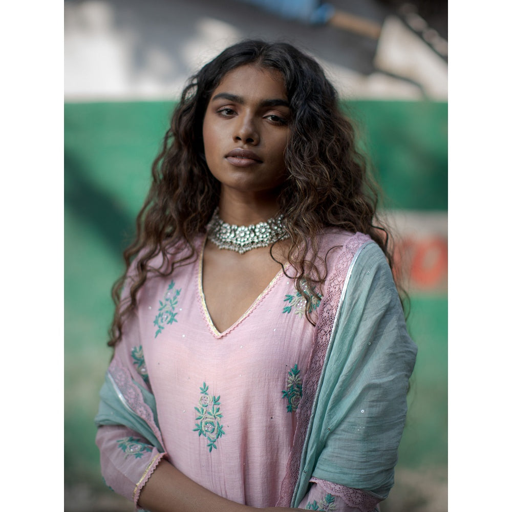 PANTS AND PAJAMAS Aqua Gerbera Sequin Dupatta