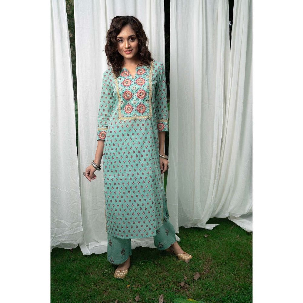 PANTS AND PAJAMAS Aqua Block Printed Straight Bottom