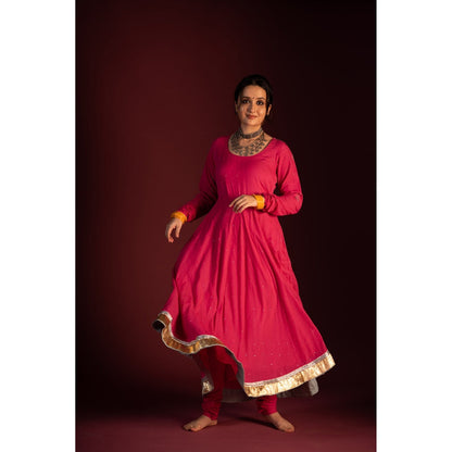 PANTS AND PAJAMAS Pink Mangal Chikan Kurta with Foil Print Dupatta (Set of 3)