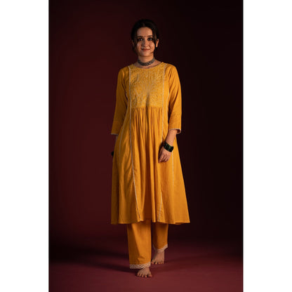 PANTS AND PAJAMAS Mustard Brahspati Chikan Kurta