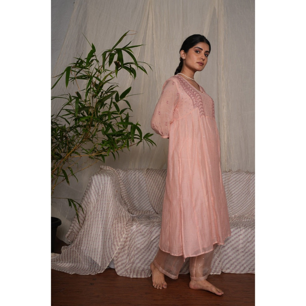 PANTS AND PAJAMAS Blush Pink Chikan Embroidered Kurta (Set of 3)