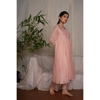 PANTS AND PAJAMAS Blush Pink Chikan Embroidered Kurta (Set of 3)