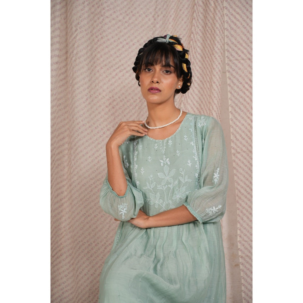 PANTS AND PAJAMAS Aqua Chikan Embroidered Kurta (Set of 3)
