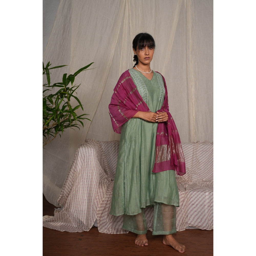 PANTS AND PAJAMAS Moss Green Chikan Embroidered Kurta (Set of 3)