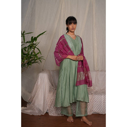 PANTS AND PAJAMAS Moss Green Chikan Embroidered Kurta (Set of 3)