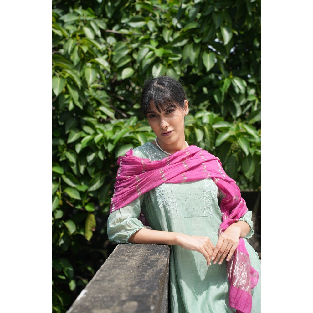 PANTS AND PAJAMAS Moss Green Chikan Embroidered Kurta (Set of 3)