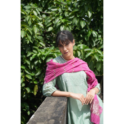 PANTS AND PAJAMAS Moss Green Chikan Embroidered Kurta (Set of 3)