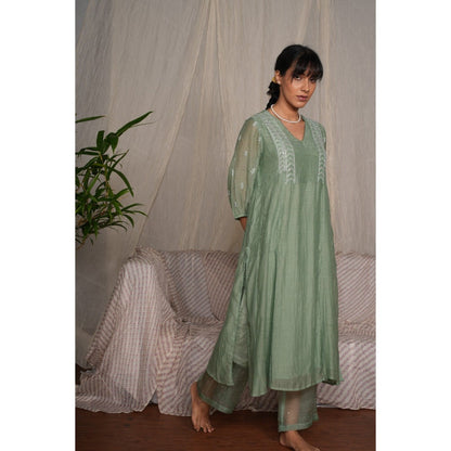PANTS AND PAJAMAS Moss Green Chikan Embroidered Kurta (Set of 3)