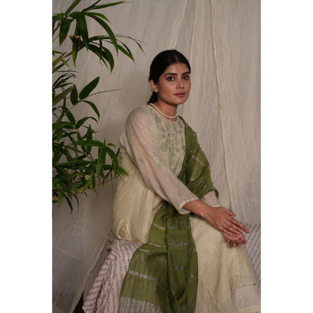 PANTS AND PAJAMAS Sege Green Chikan Embroidered Kurta (Set of 3)