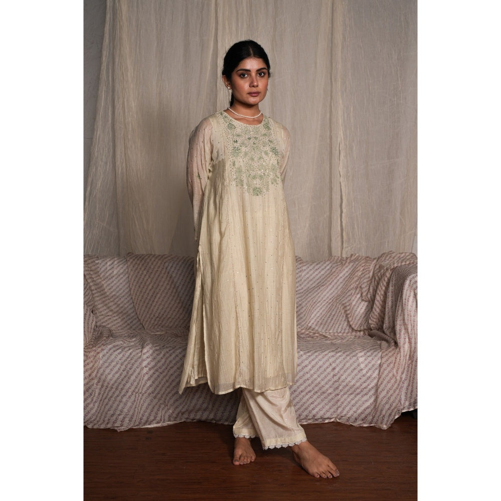 PANTS AND PAJAMAS Sege Green Chikan Embroidered Kurta (Set of 3)