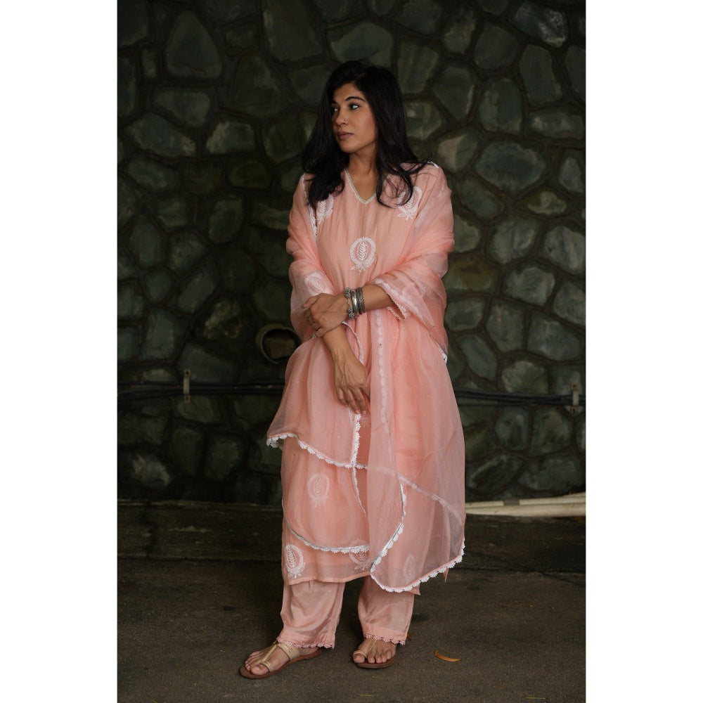 PANTS AND PAJAMAS Blush Pink Chikan Embroidered Kurta (Set of 3)