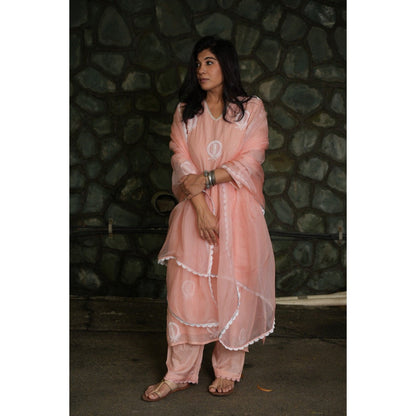 PANTS AND PAJAMAS Blush Pink Chikan Embroidered Kurta (Set of 3)