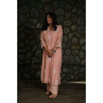 PANTS AND PAJAMAS Blush Pink Chikan Embroidered Kurta (Set of 3)
