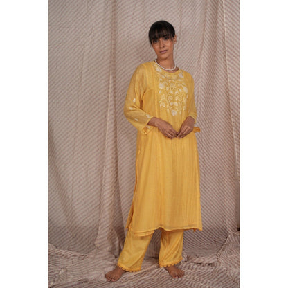 PANTS AND PAJAMAS Yellow Chikan Embroidered Kurta (Set of 3)