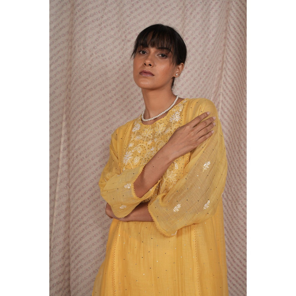 PANTS AND PAJAMAS Yellow Chikan Embroidered Kurta (Set of 3)