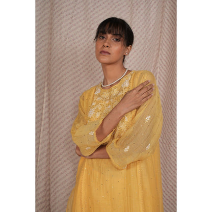 PANTS AND PAJAMAS Yellow Chikan Embroidered Kurta (Set of 3)