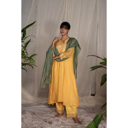 PANTS AND PAJAMAS Yellow Chikan Embroidered Kurta (Set of 3)