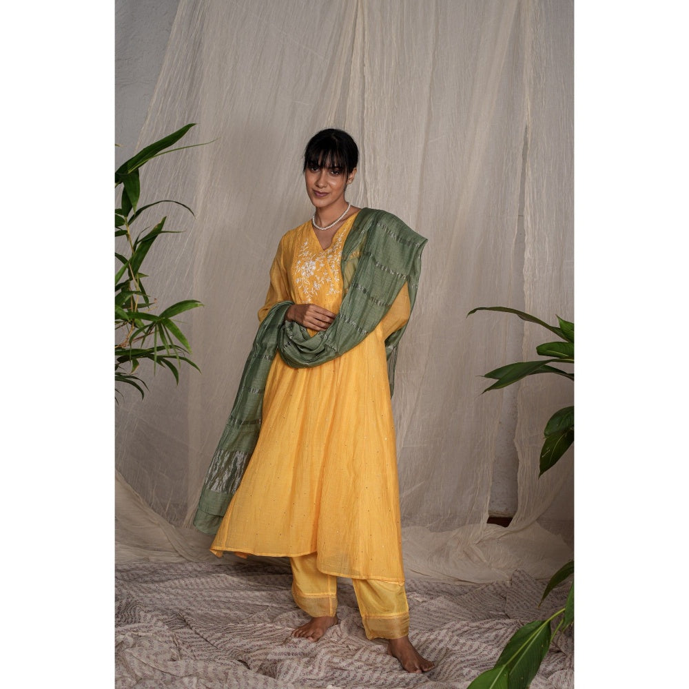 PANTS AND PAJAMAS Yellow Chikan Embroidered Kurta (Set of 3)