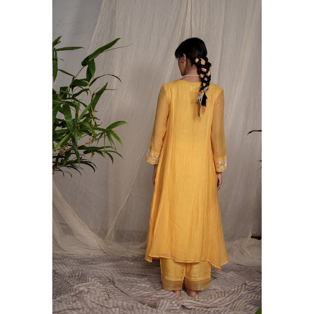 PANTS AND PAJAMAS Yellow Chikan Embroidered Kurta (Set of 3)
