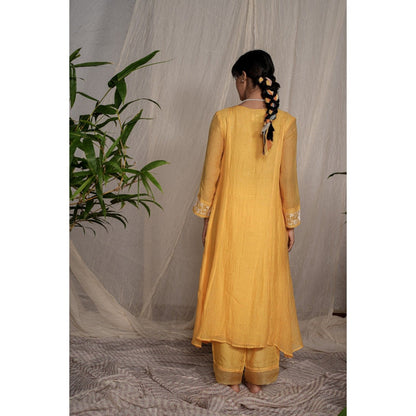 PANTS AND PAJAMAS Yellow Chikan Embroidered Kurta (Set of 3)