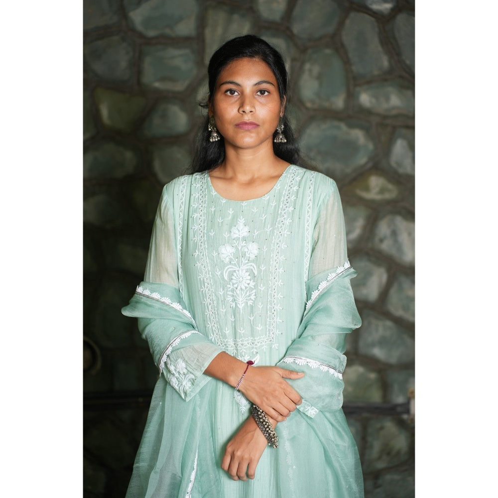 PANTS AND PAJAMAS Aqua Chanderi and Organza (Set of 3)