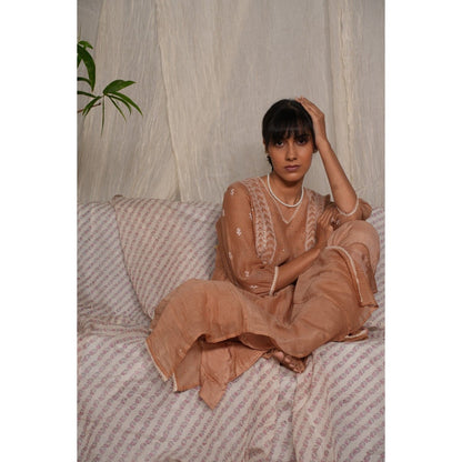 PANTS AND PAJAMAS Beige Chikan Embroidered Kurta (Set of 3)