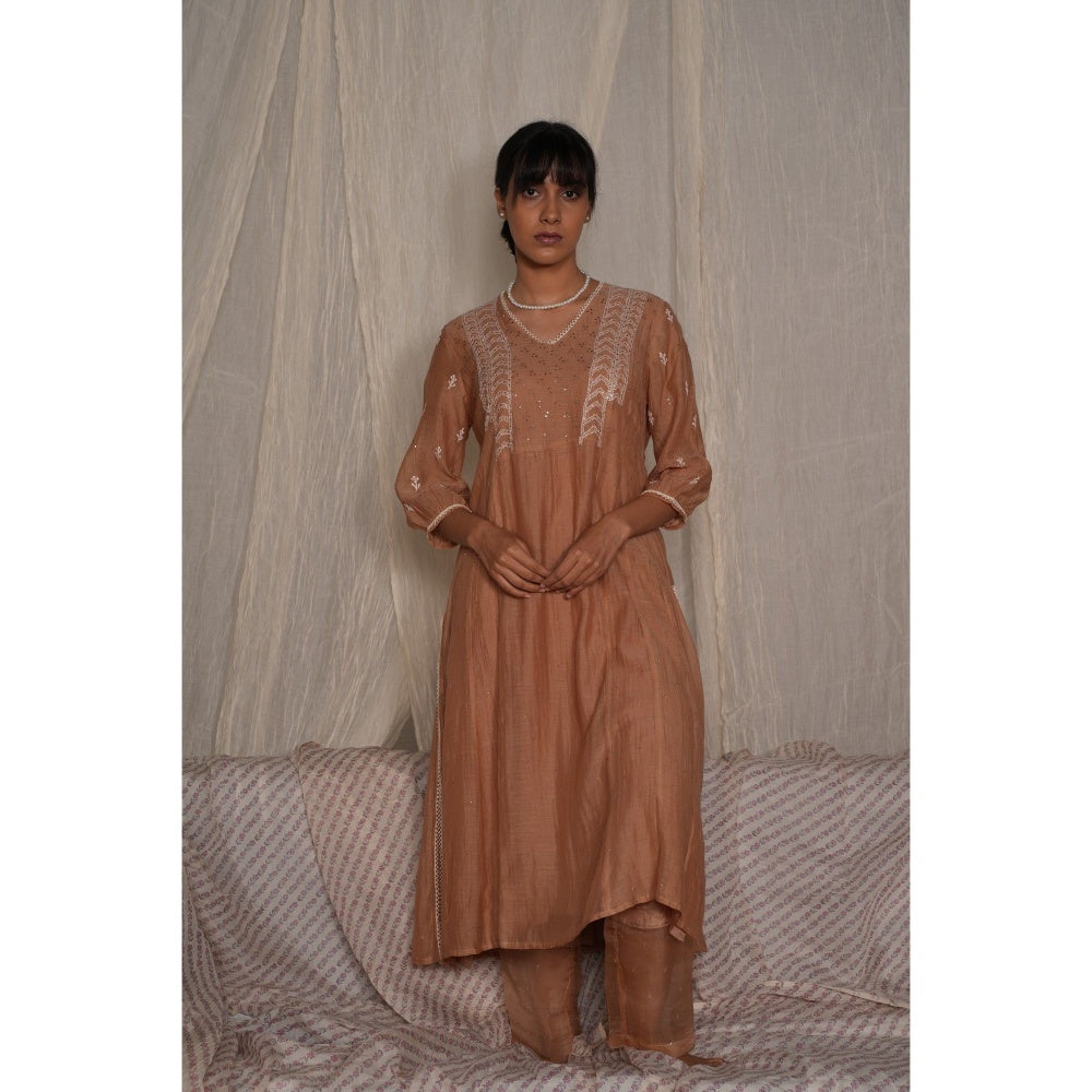 PANTS AND PAJAMAS Beige Chikan Embroidered Kurta (Set of 3)